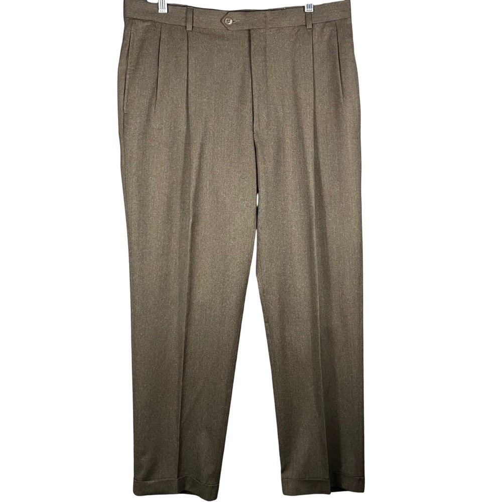 Austin Reed Dress Pants Mens 36x30 Brown Super 100s Wool Pleated Cuffed Trousers